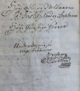 Undirskrift fyrrverandi sýslumanns, Jóhanns Kristófers Gottorp, þar sem J, C og G fléttast saman: Johann Christoffor Gottorp.